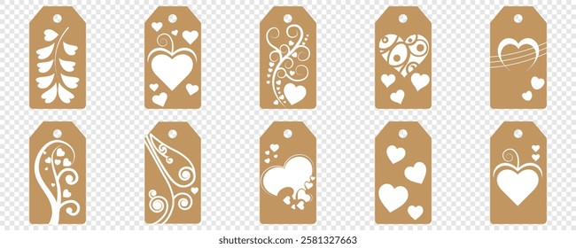 Price tag collection. Blank cardboard price tags. Retail product sticker elements with deal, hot price. Set of sale tags and labels. Set of gift or price tags shapes with hearts and love. EPS10