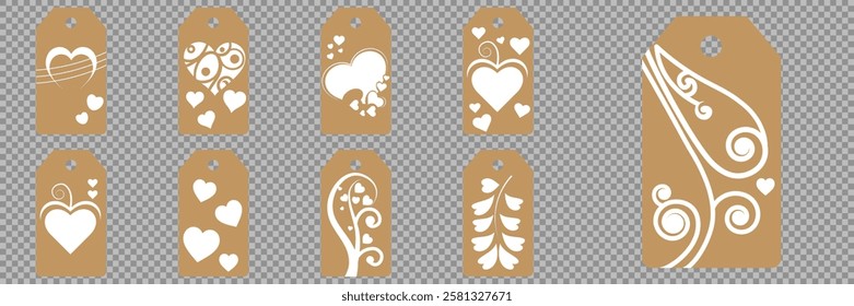 Price tag collection. Blank cardboard price tags. Retail product sticker elements with deal, hot price. Set of sale tags and labels. Set of gift or price tags shapes with hearts and love. EPS10