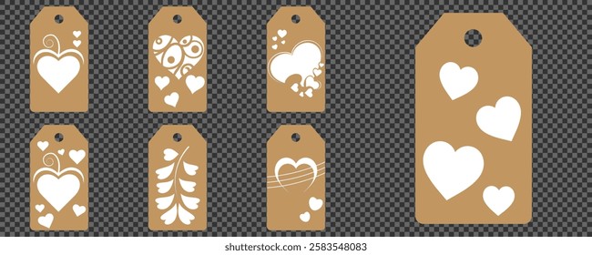 Price tag collection. Blank cardboard price tags. Retail product sticker elements with deal, hot price. Set of sale tags and labels. Set of gift or price tags shapes with hearts and love. EPS10