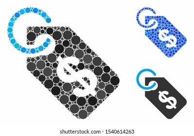 Price tag composition of filled circles in various sizes and color hues, based on price tag icon. Vector filled circles are organized into blue illustration.