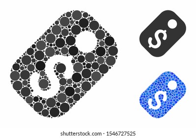 Price tag composition of round dots in variable sizes and color tones, based on price tag icon. Vector round dots are composed into blue composition. Dotted price tag icon in usual and blue versions.