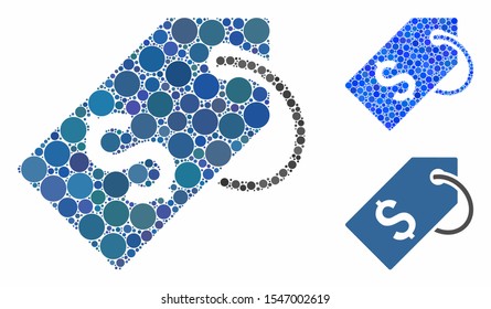 Price tag composition of small circles in variable sizes and color tints, based on price tag icon. Vector small circles are organized into blue collage.