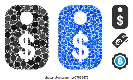 Price tag composition of small circles in different sizes and color tinges, based on price tag icon. Vector small circles are organized into blue collage.