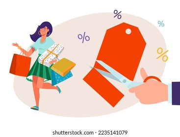 Price tag concept, vector illustration. Discount, cut label card for retail sale, flat woman character hold package, box with clothes.