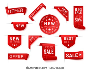 Price tag, corner, scroll, ribbon, rosette with stars set. Red promotion action, marketing elements. Best offer, big sale, new collection, up to. Vector collection isolated on white background.