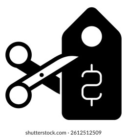 Price tag coupon with scissors solid icon, dollar discount concept. Vector graphics. Price label mark sign on white background, glyph style mobile or design