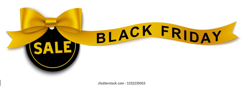 Price tag with decorative long yellow ribbon and bow isolated on white background. Black Friday Sale decoration. Vector illustration