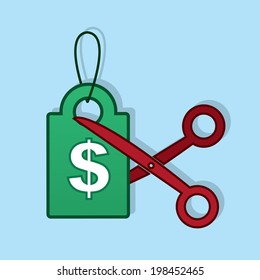 Price tag with dollar symbol being cut by red scissors 