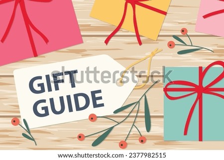 price tag with gift guide tex, winter berry twigs and presents- vector illustration