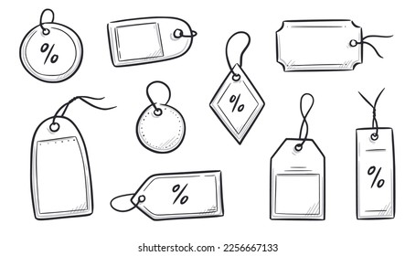 Price tag, gift label doodle element set. Price tag ribbon, discount label hand drawn sketch doodle style. Sale, present offer frame element. Vector illustration.