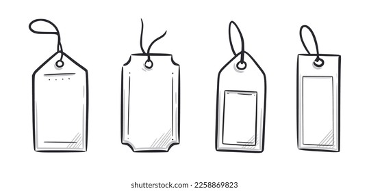 Price tag, gift label doodle element set. Price tag ribbon, discount label hand drawn sketch doodle style. Sale, present offer frame element. Vector illustration.