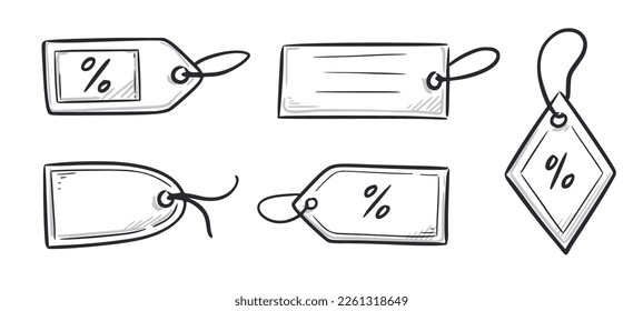 Price tag, gift label doodle element set. Price tag ribbon, discount label hand drawn sketch doodle style. Sale, present offer frame element. Vector illustration.