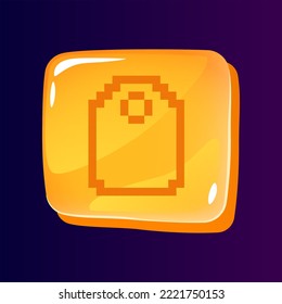 Price tag glossy ui button with pixelated icon. Cost of product. Editable 8bit graphic element on shiny square shape. Isolated vector user interface image for web, mobile. Retro style game design