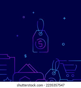 Icono de vector de línea de gradiente de etiqueta de precio, ilustración simple en un fondo azul oscuro, borde inferior relacionado con compras y entrega.