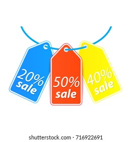 Price tag hang on the thread. Vector illustration .
