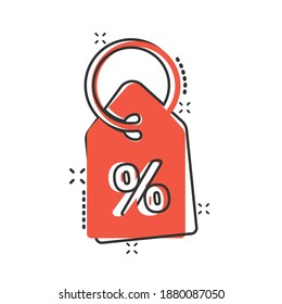 Price tag icon in comic style. Label cartoon vector illustration on white isolated background. Sale coupon splash effect business concept.