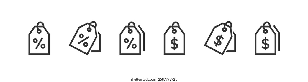 Price tag icon. Discount coupon. Percentage, dollar sign label. Shopping badge. Retail sale.