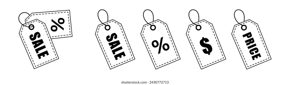 Price tag icon. Discount, dollar sign, percentage, price. Tag label icon for websites and apps. Sale label icon on white background. Vector illustration isolated.