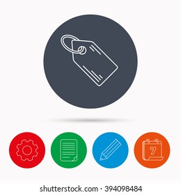 Price tag icon. Discount label sign. Shopping coupon symbol. Calendar, cogwheel, document file and pencil icons.