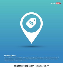 Price tag icon with dollar sign - abstract logo type icon - white icon in map pin point blue background. Vector illustration