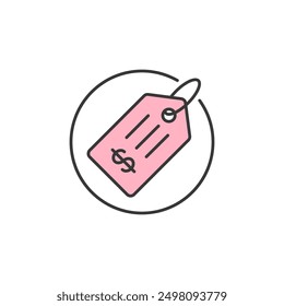Price Tag icon. Illustration of price label with pink color and dollar symbol. Graphic source of amount of money cost for a product in tag. The tag that show product worth in trade value of money. 