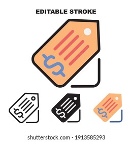 Price Tag Icon set with 4 different styles. Filled, outline, glyph and line colored. Editable stroke and pixel perfect.