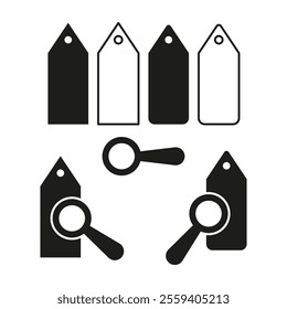 Price tag icons. Magnifying glass symbols. Vector black shapes. Simple geometric illustration.
