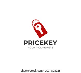 Price tag and key logo template. Price label and house key vector design. Key shop illustration