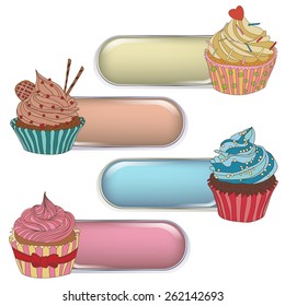 The price tag label with a cupcake. Write the text at the top. Set of different cupcakes.