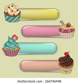 The price tag label with a cupcake. Write the text at the top. Set of different cupcakes.