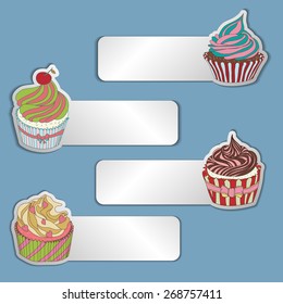 The price tag label with a cupcake. Write the text at the top. Set of different cupcakes.