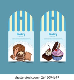 Etiquetas de preço definidas para a marca da padaria. Sobremesa, etiqueta de doces para o seu negócio. Cartão de padaria dianteiro e traseiro