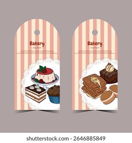 Etiquetas de preço definidas para a marca da padaria. Sobremesa, etiqueta de doces para o seu negócio. Cartão de padaria dianteiro e traseiro