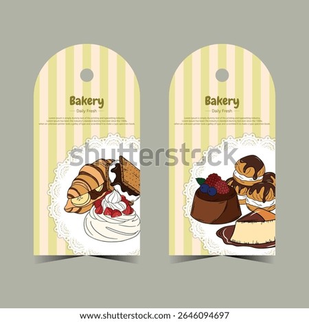 Price tag labels set for bakery shop branding. Dessert, pastries label tag for your business. Front and back bakery card