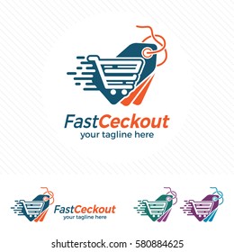 Price tag logo design vector with trolley icon , fast shopping illustration for online shop transaction.