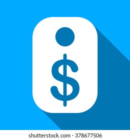 Price Tag long shadow vector icon. Style is a flat light symbol with rounded angles on a blue square background.