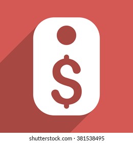 Price Tag long shadow vector icon. Style is a flat light symbol on a red square background.