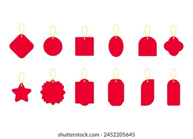 Price Tag mockup set blank gift box tags or sale shopping labels with rope luggage badge. Red Color with Yellow Ribbon