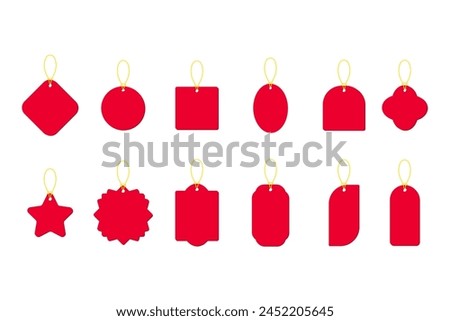 Price Tag mockup set blank gift box tags or sale shopping labels with rope luggage badge. Red Color with Yellow Ribbon