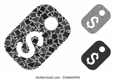 Price tag mosaic of rugged elements in different sizes and shades, based on price tag icon. Vector joggly elements are combined into composition. Price tag icons collage with dotted pattern.