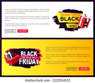 Price Tag on Black Friday sale with store cart and gift box in dotted paper. Clearance badges, creative labels, shopping basket on online sites templates