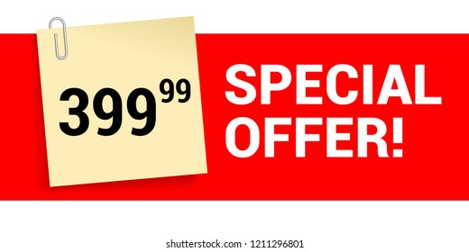Price tag with price on note paper with paperclip and red background with sample text - vector template for special offers, shopping tags, sales, wobblers and other promotion