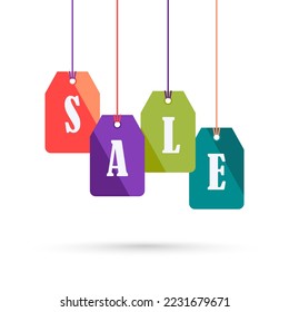 Precio en una cadena, pancarta, etiqueta, pegatina. Plantilla vectorial de venta de cupones, ofertas y promociones. Precio de compra, venta al por menor, comercio, compras. Publicidad para su negocio. Ilustración de estilo plano