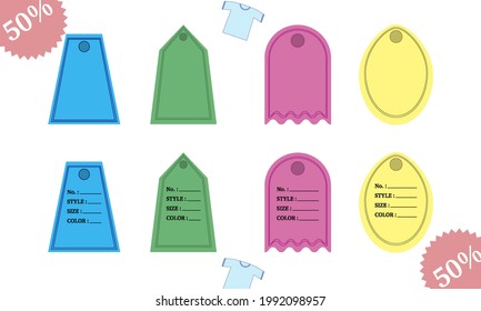 etiqueta de precio o de embalaje para ropa colgante. Diseño impreso en papel para comprar en la tienda. Conjunto de gráficos