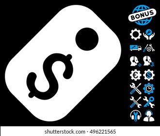 Price Tag pictograph with bonus tools clip art. Vector illustration style is flat iconic bicolor symbols, blue and white colors, black background.