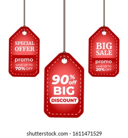 Price tag or red badge. written in the text tag 90% off discount, big sale promo save up to 20% off, special offer promo save up to 70% off. 3D-style tags and badges