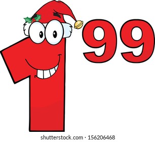 Price Tag Red Number 1.99 With Santa Hat Cartoon Mascot Character
