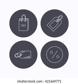 Price tag, sale bag and coupon icons. Discounts linear sign. Flat icons in circle buttons on white background. Vector
