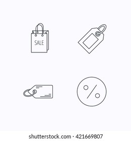 Price tag, sale bag and coupon icons. Discounts linear sign. Flat linear icons on white background. Vector