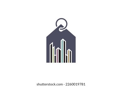 price tag or sale icon logo with combination of city or apartment building with minimalist design